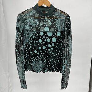 ANAC Designed by Kimchi Mesh Top XL Sheer Paisley Polka Dot Mock Neck Y2K
